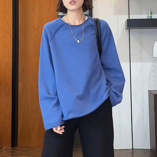 蓝色显白圆领休闲上衣女2026秋季新款高级感气质宽松显瘦长袖卫衣