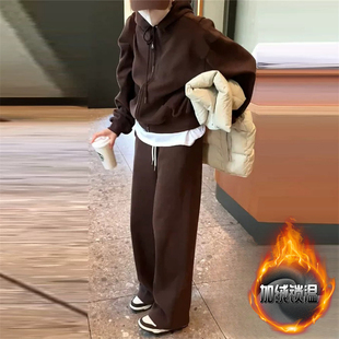 冬天穿搭套装女款加厚加绒咖色小个子卫衣外套搭配长款休闲阔腿裤