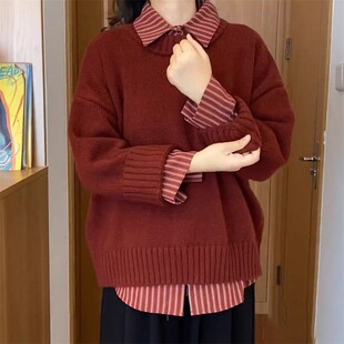 冬天穿搭套装高级感女慵懒风长袖针织毛衣搭配开衫条纹衬衫两件套