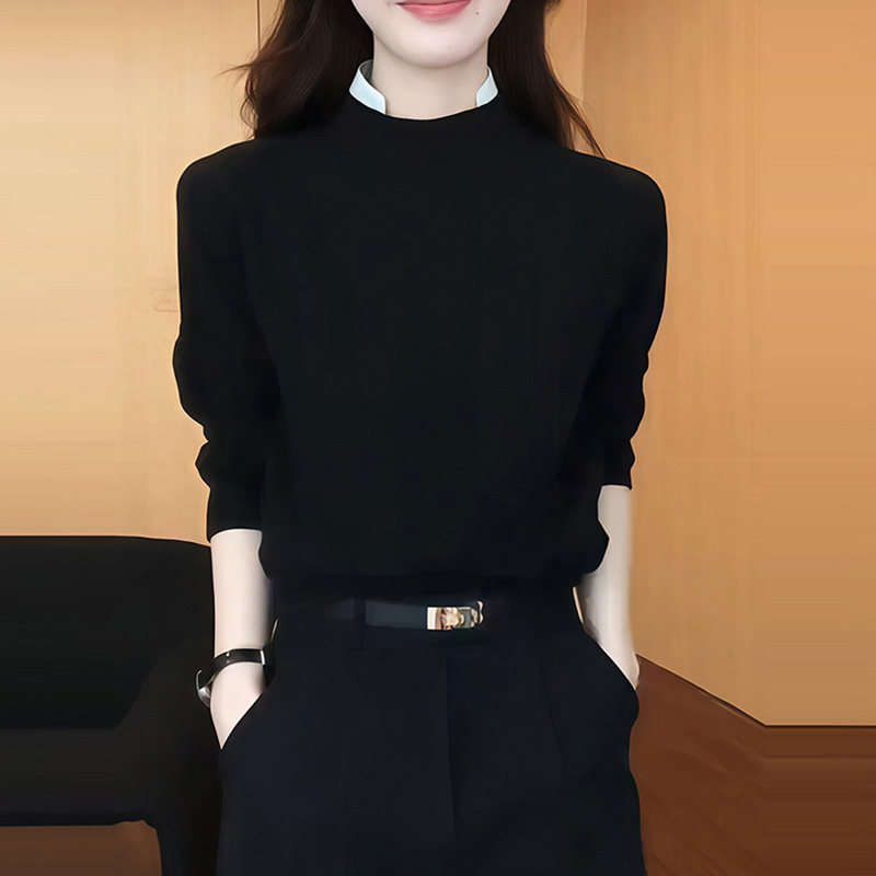 极简风半高领舒适软糯设计毛衣女春黑色假两件宽松打底针织衫上衣,女装/女士精品,毛针织衫,淘宝优惠券,粉丝福利购,淘宝优惠卷