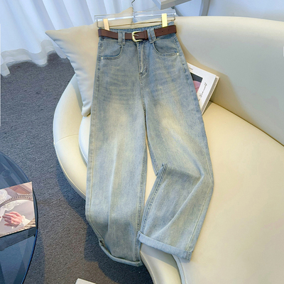 浅蓝色宽松阔腿牛仔裤女秋季2025新款显瘦百搭小个子九分直筒裤子