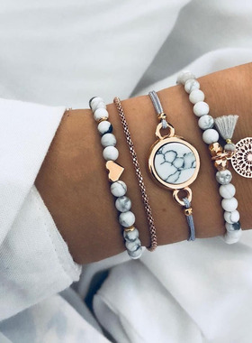 慕尚跨境热销多层手链女 欧美松石圆石波西米亚风爱心手链四件套