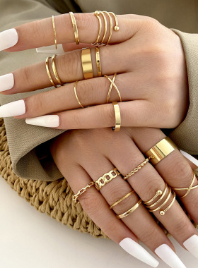 2023shein热销创意简约气质女士首饰几何扭曲戒指套装16件套