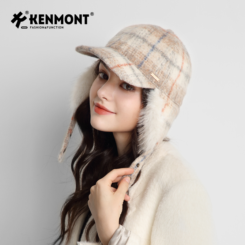 卡蒙冬季格纹羊毛呢护耳棒球帽