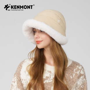 卡蒙羽绒防寒护耳气质盆帽女可爱毛绒防风保暖渔夫帽大头围