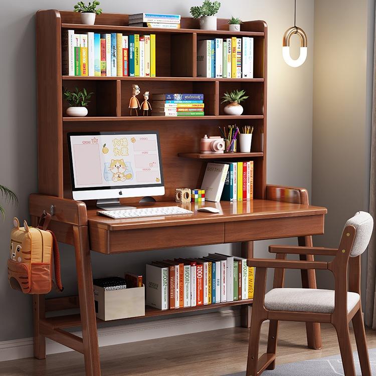 实木台式电脑桌书桌书架组合一体桌简约家用卧室儿童学生写字桌子