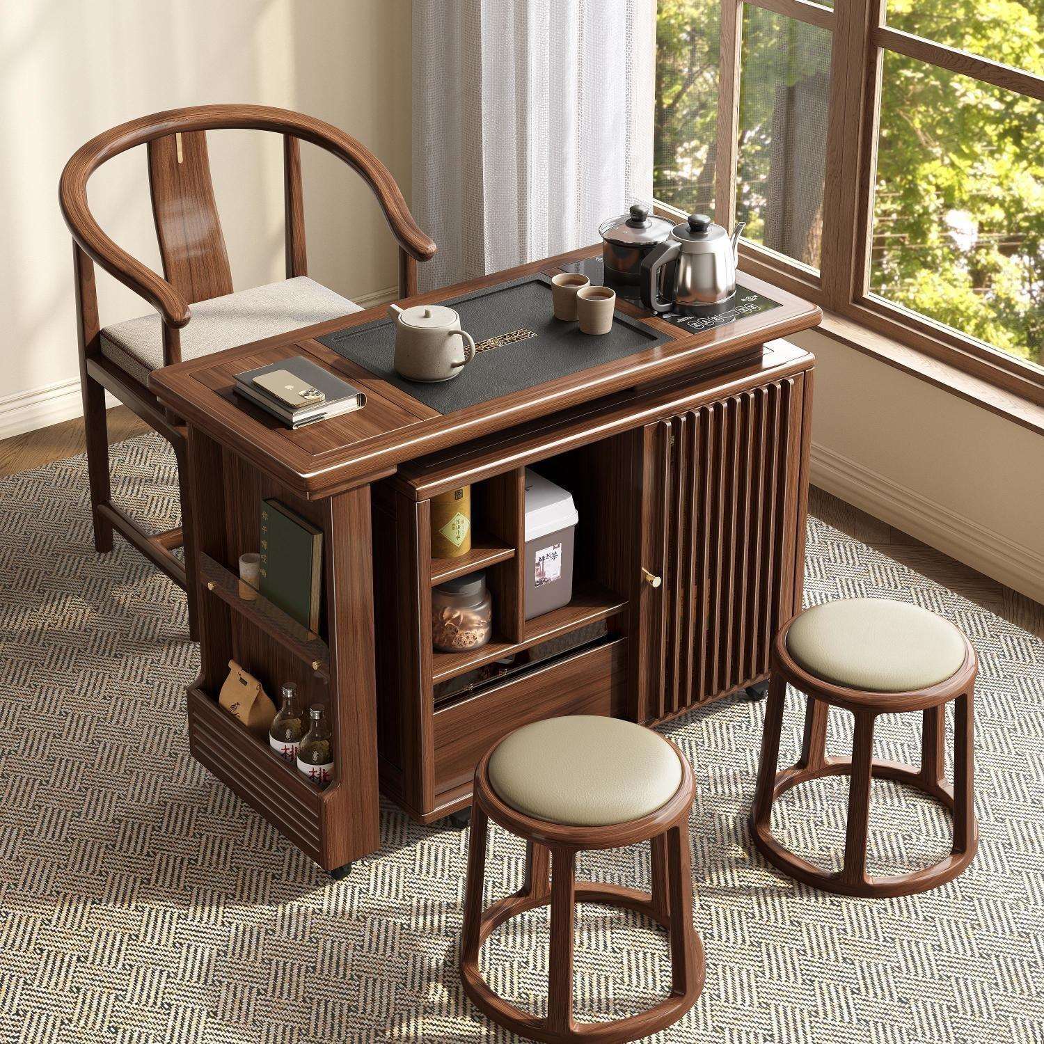 北美黑胡桃木小茶车阳台茶桌现代简约客厅书房可移动一体茶几茶柜