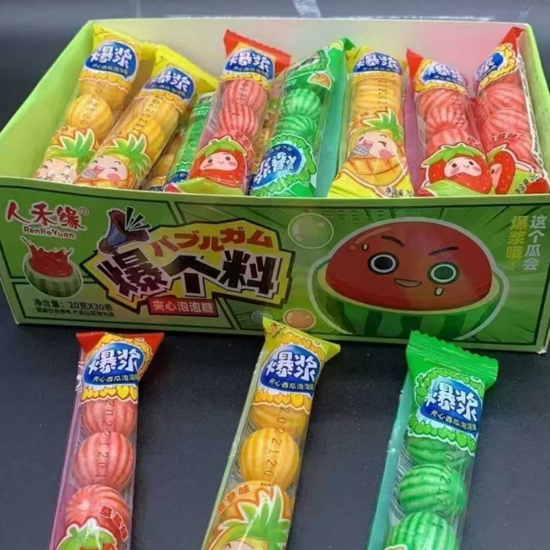 爆款爆个料西瓜夹心泡泡糖漂亮休闲8090口香糖糖果怀旧零食批发