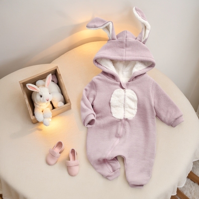 秋冬卡通婴儿连帽连体衣兔子造型儿童爬服ins哈衣宝宝连身衣