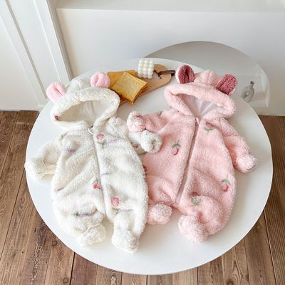 秋冬可爱花朵婴儿衣服保暖韩版加厚加绒女宝宝新生连体衣爬服