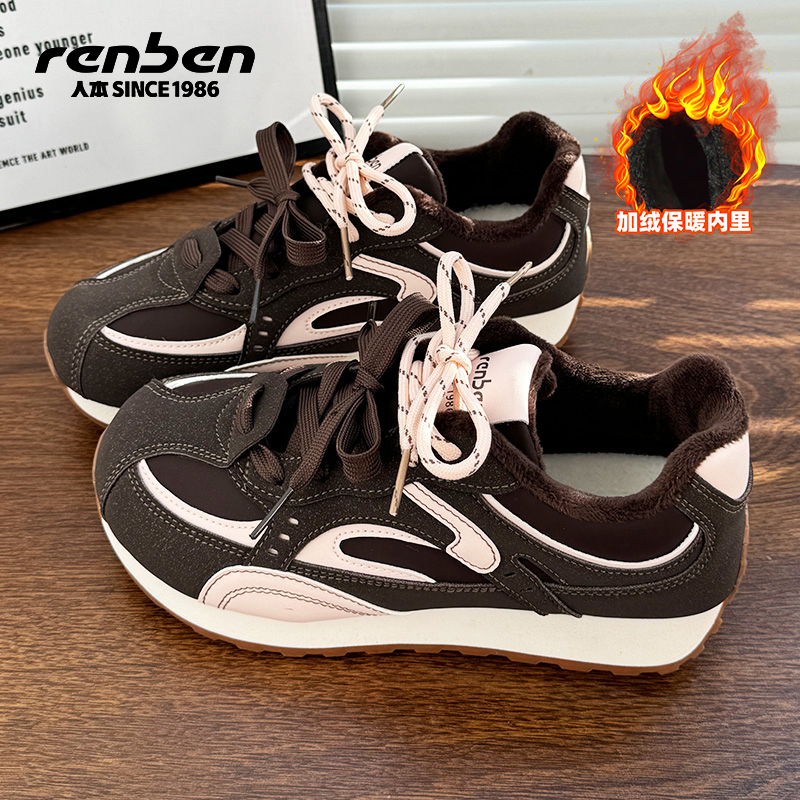 人本2025秋冬款新款棕粉阿甘鞋加绒加厚系带运动时尚运动休闲鞋女