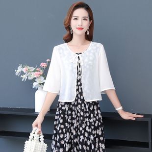 女短袖 2023夏季 新款 时尚 短款 百搭衬衫 披肩防晒开衫 上衣 洋气雪纺衫