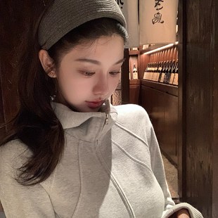 韩雨嘉早秋灰色卫衣套装女连帽修身拉链外套中长款包臀半身开叉裙