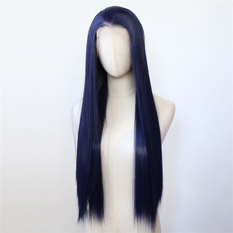 深蓝色前蕾丝化纤大蕾丝高温丝假发暗蓝自然欧美长直发整顶假发套