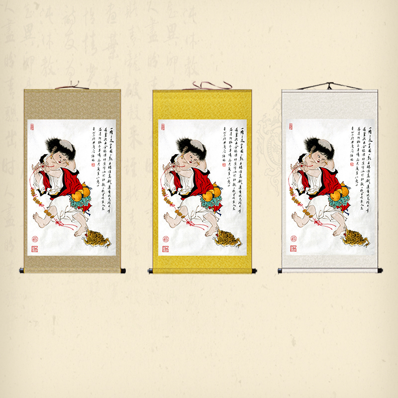 刘海戏金蟾挂画镇宅卷轴画招财童子人物画客厅丝绸画玄关吉祥挂画