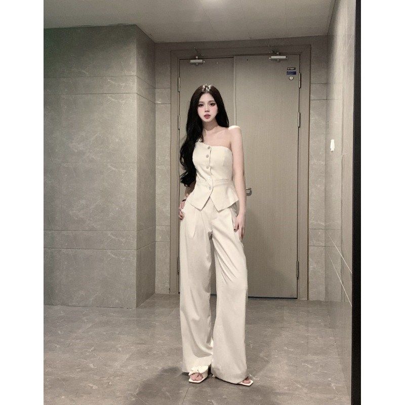 干练气质套装设计感斜肩马甲背心女夏季西装拖地阔腿裤两件套女装