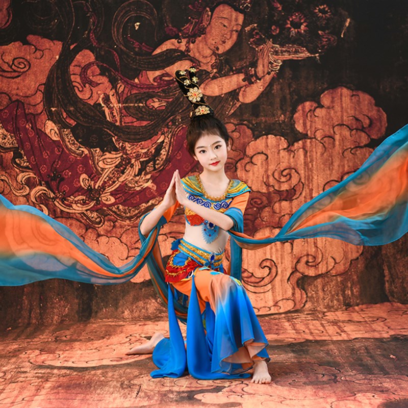 儿童敦煌飞天乐鼓舞蹈演出服女童飘逸中国风古典舞反弹琵琶表演服