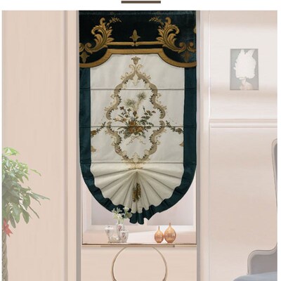 梦思园半圆形窗户大气绣花别墅楼梯窗帘 欧式拱形升降可拉扇形罗