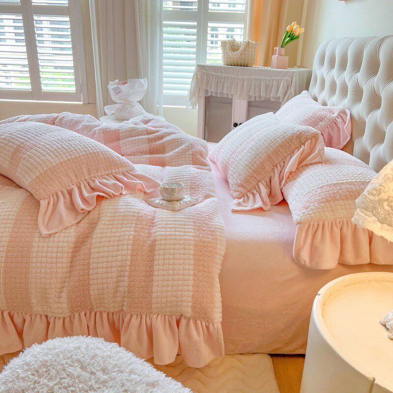 冬季泰迪绒兔兔绒床上四件套公主风加厚双面珊瑚绒被套加绒床单款