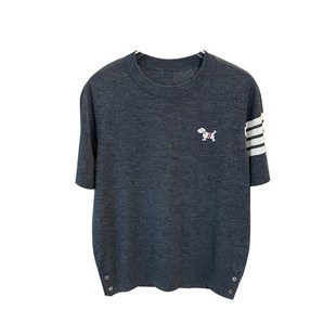 法式学院风~设计感小狗提花薄款真丝精纺羊毛四条杠短袖针织衫T恤