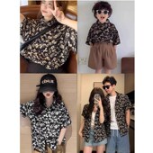 花衬衫 沙滩母子母女夏装 一家三口复古港风休闲衬衣2024新款 亲子装