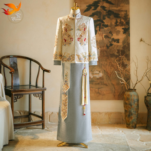 金色秀禾服男士2024新款中式新郎高档结婚大码接亲礼服龙凤褂男款