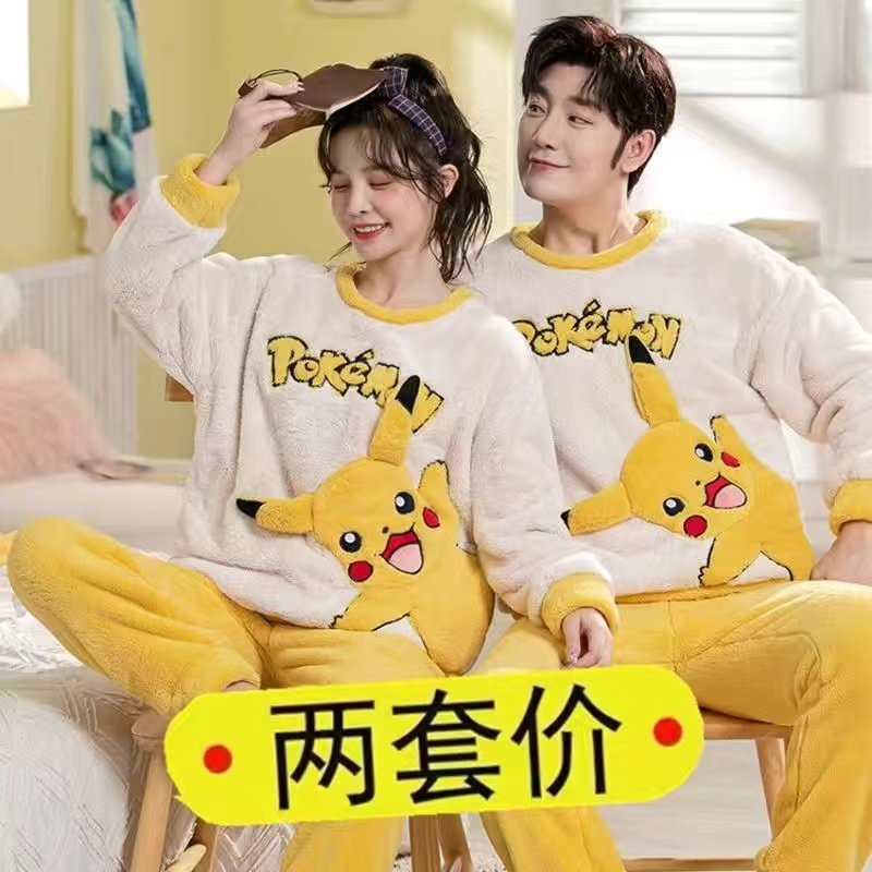 秋冬季加厚法兰绒可爱卡通情侣睡衣宽松男士珊瑚绒套装冬天家居服