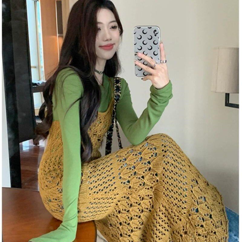 时尚套装女春季镂空吊带针织连衣裙叠穿绿色打底T恤高级感两件套