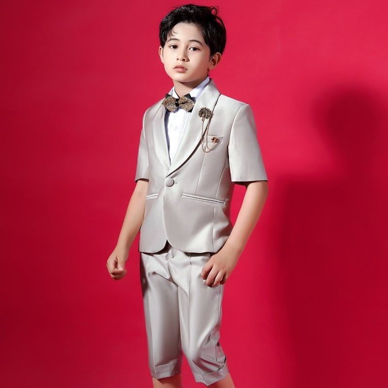 男童西服夏季短袖薄款走秀表演服生日小西装男孩主持人钢琴演出服