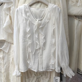 2024秋季新款法式V领荷叶边衬衫女喇叭袖长袖衬衣气质雪纺衫上衣