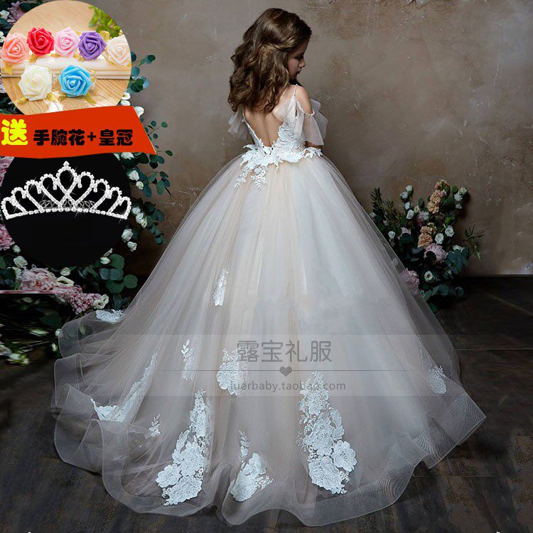 长款拖尾儿童礼服演出服女童公主蓬蓬纱裙主持人钢琴生日艺考礼服