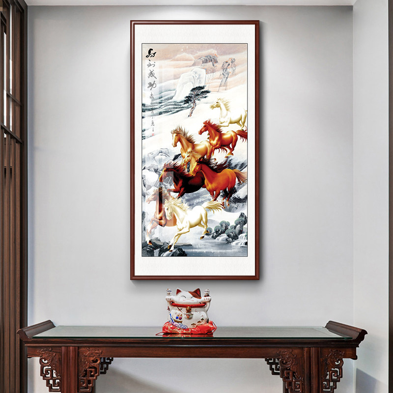 竖版八骏图客厅挂画玄关装饰画入户正对门背景墙壁画马到成功字画