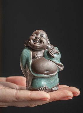中式陶瓷哥窑茶宠花宠摆件茶玩茶盘茶道花盆园艺装饰品笑佛小弥勒