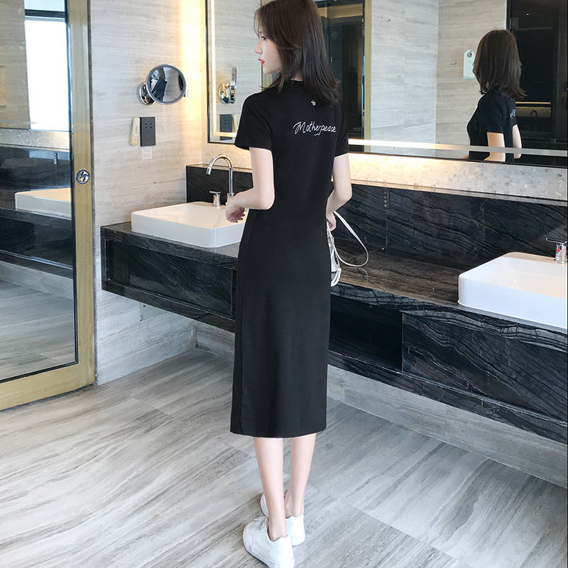 2021夏季新款时尚简约中长t恤裙女修身显瘦短袖过膝休闲连衣裙子