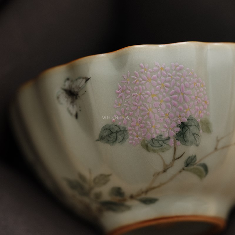 闻说景德镇市纯手绘天青汝窑品茗杯《绣球花》晓华制