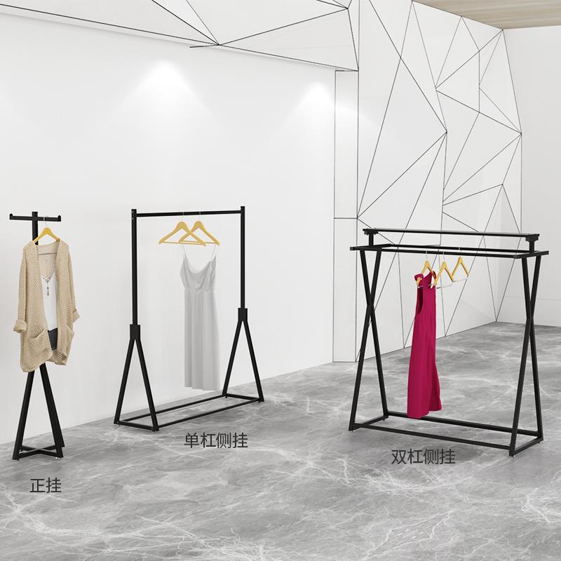 服装店展示架落地双杠中岛货架单排侧挂男女装衣服正挂黑色挂衣架