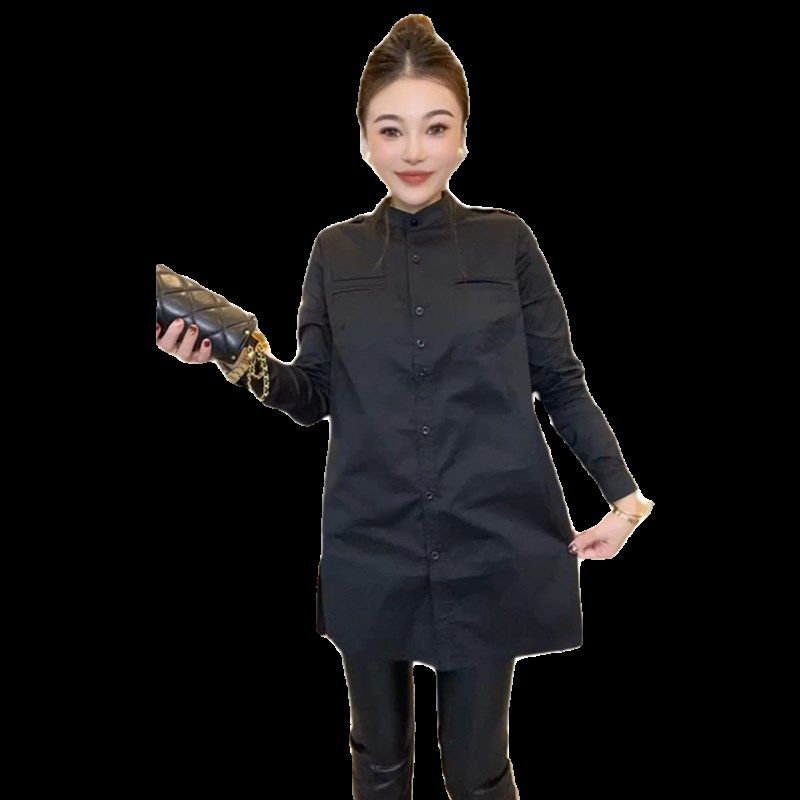 网红衬衫女2024春季新款气质修身肩章侧开叉大码中长款冬季打底衫