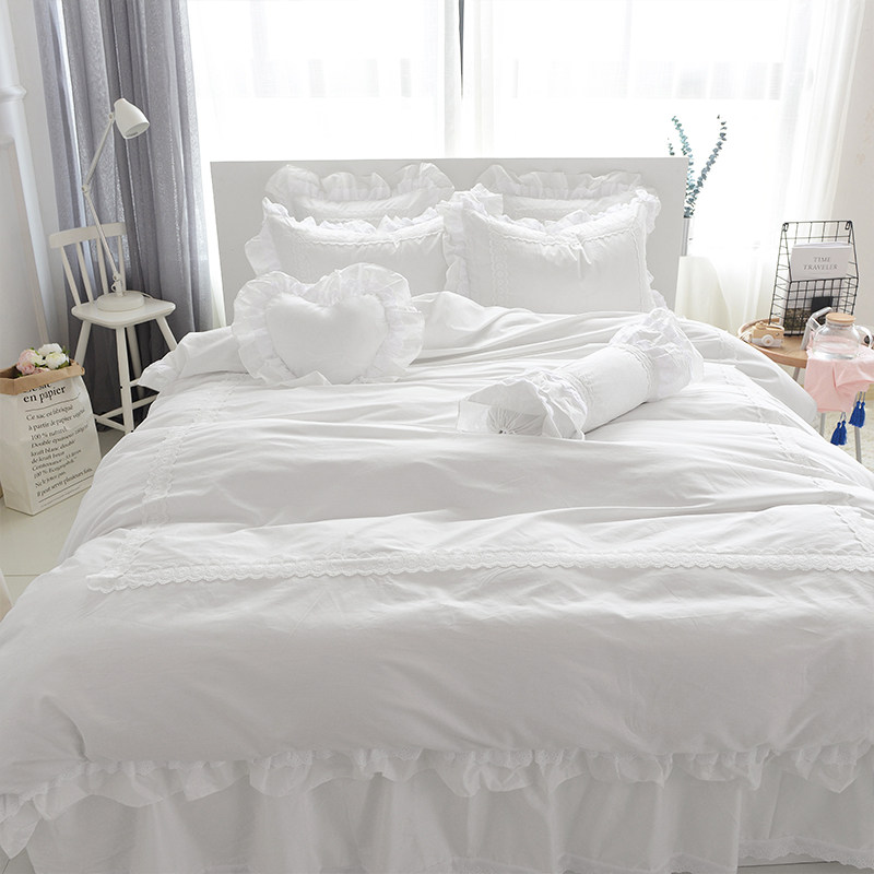 韩式斜纹全棉四件套纯白色公主风床单纯棉被套1.8m床裙式床上用品