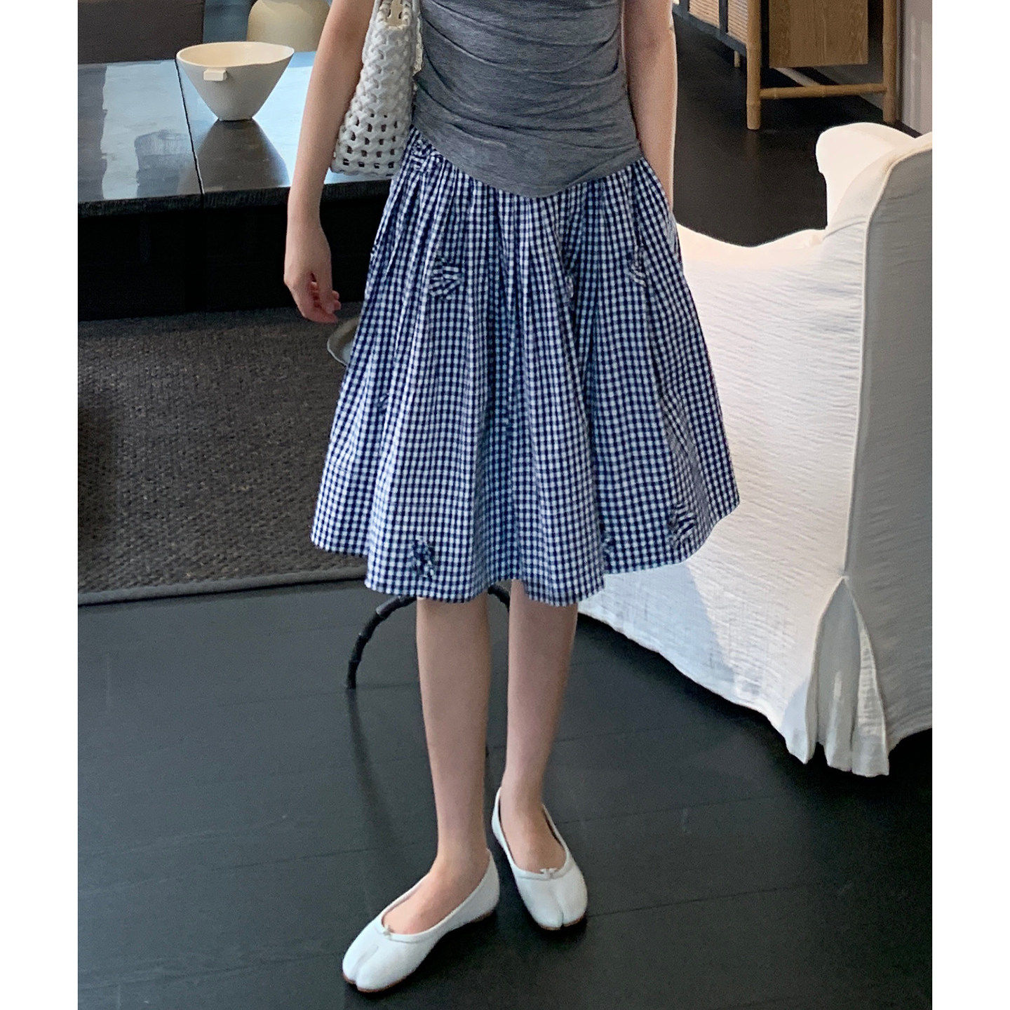 iszizii手工立体花朵 miu系蓝白格子中裙夏梨型遮胯a字半身裙短裙