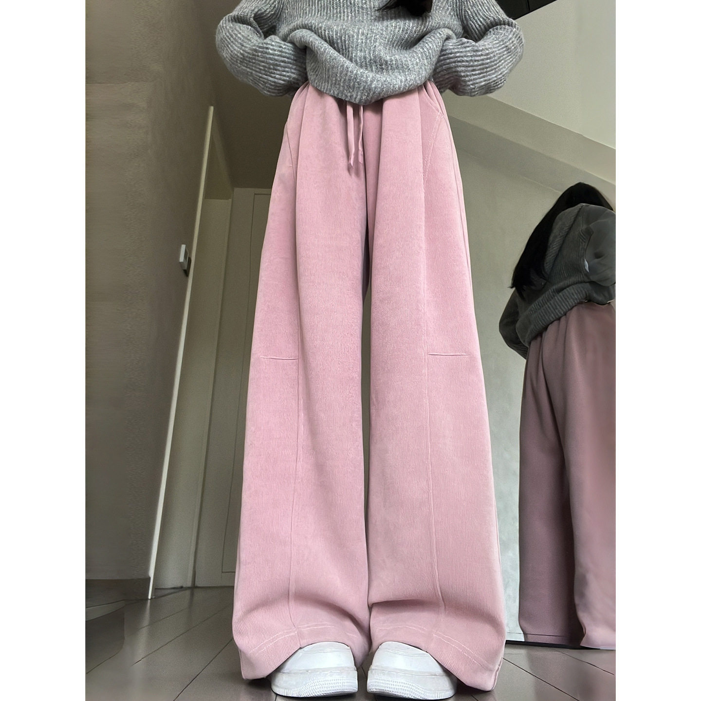 粉色灯芯绒阔腿裤女秋季新款高腰显瘦休闲运动小个子冬季加绒卫裤