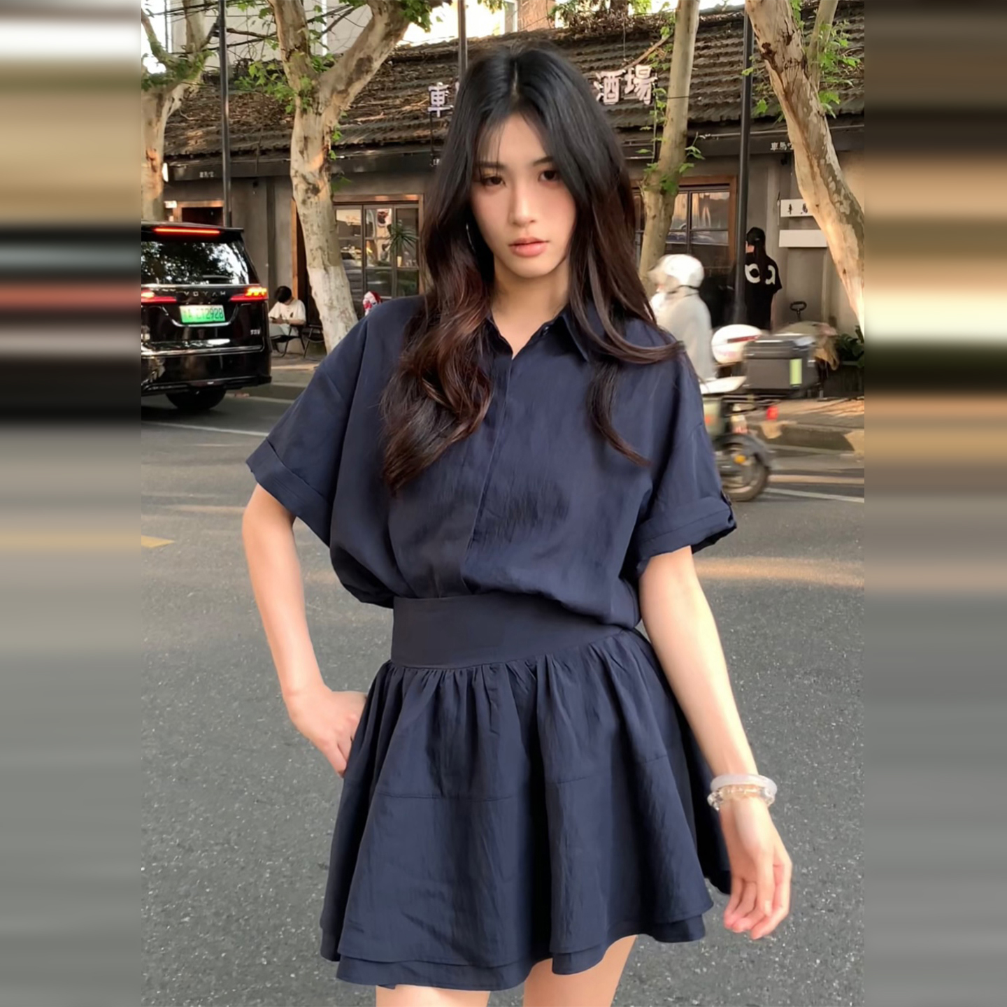 黑色衬衫洋装女小个子夏季2025新款爆款学院风穿搭短裙两件式套装