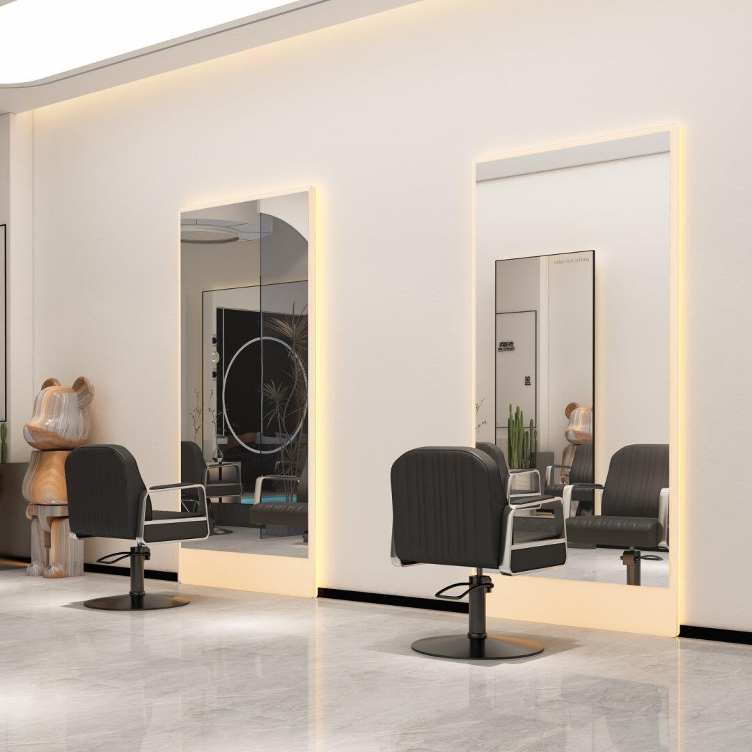 新款理发店镜子落地带灯烫染不锈钢剪发镜发廊专用亚克力美发镜