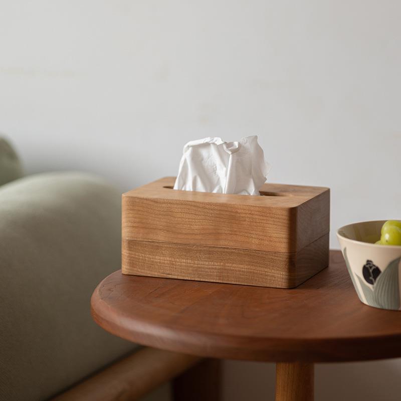 木墨生活 平和纸巾盒 天然原木餐巾收纳盒樱桃木家用桌面抽纸盒