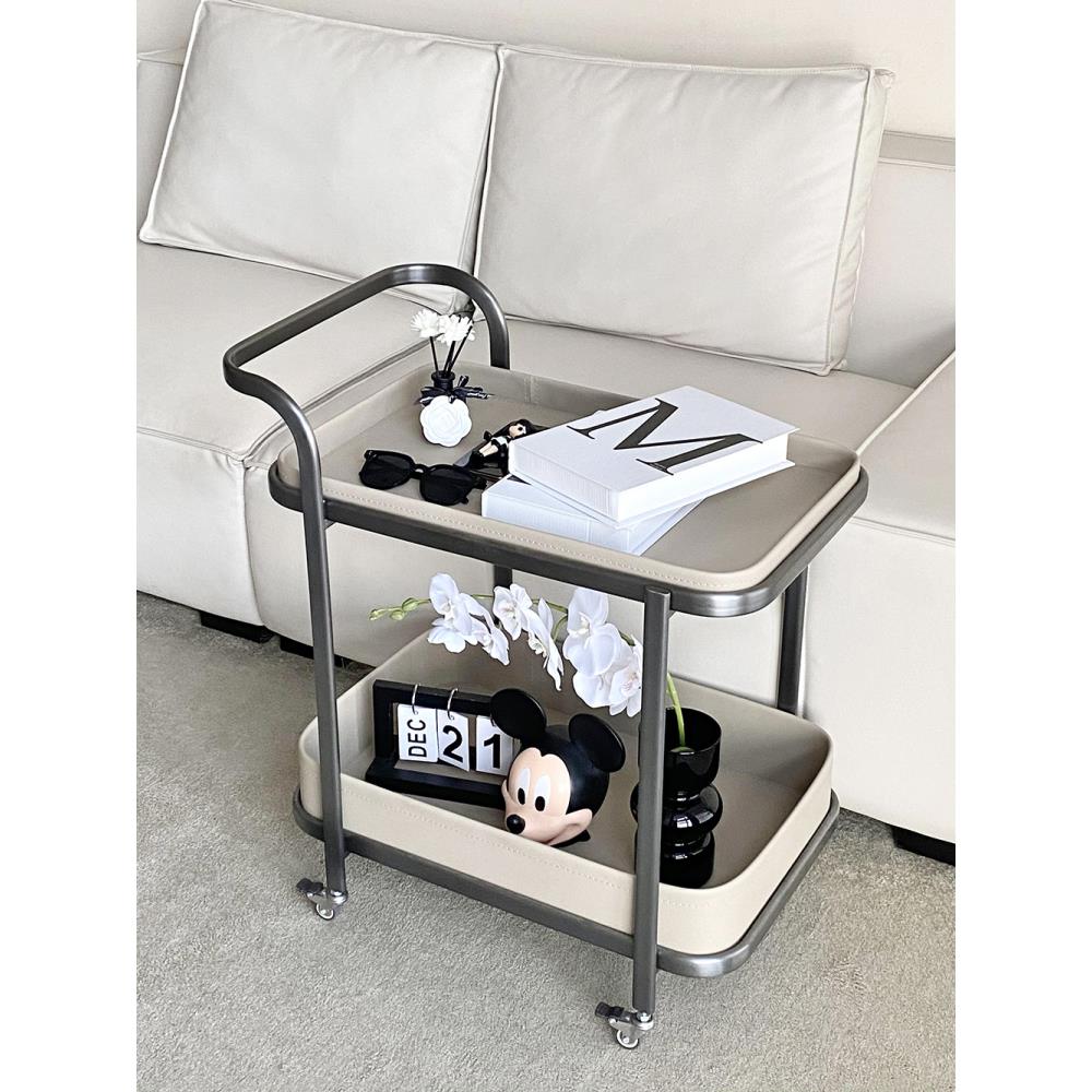 意式轻奢可移动马鞍皮边几沙发角几带轮客厅茶几家用不锈钢小推车