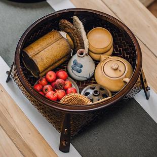 竹编收纳篮漆器工艺品茶盘茶台多功能茶道家用茶具收纳盒防尘 日式