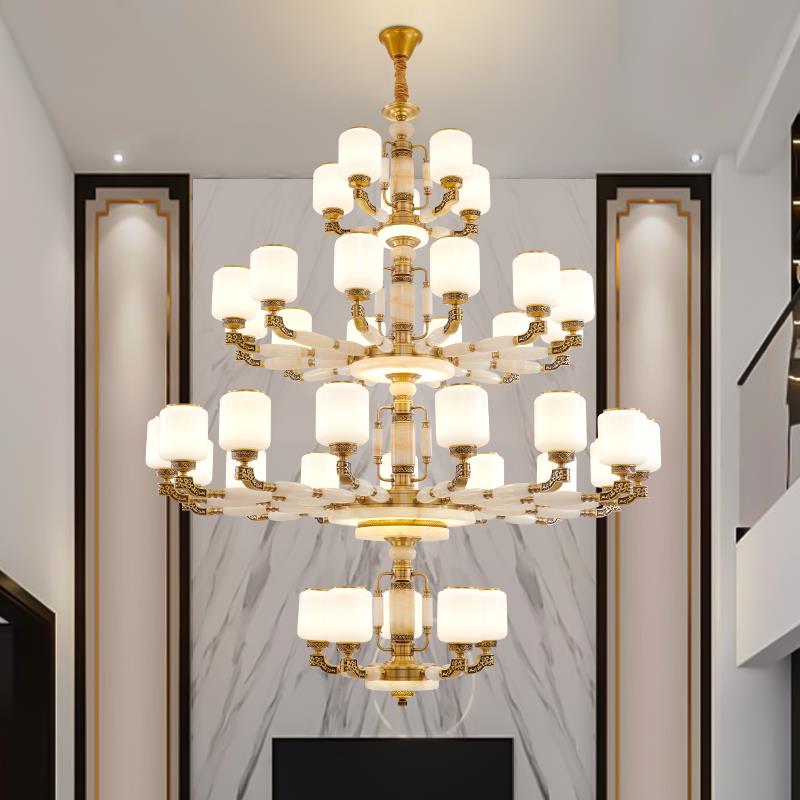 全铜真玉石新中式别墅客厅挑空大吊灯轻奢高级感复式楼大厅主灯具