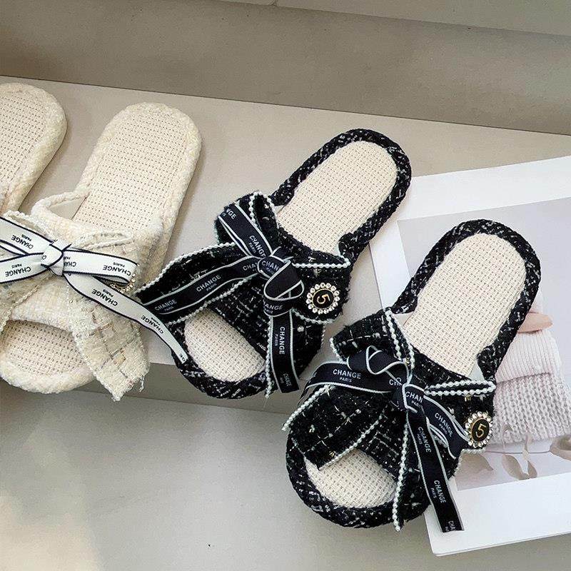 小香风轻奢珍珠蝴蝶结亚麻一字拖高级感女居家室内防滑家用拖鞋,居家布艺,居家亚麻拖鞋,淘宝优惠券,粉丝福利购,淘宝优惠卷