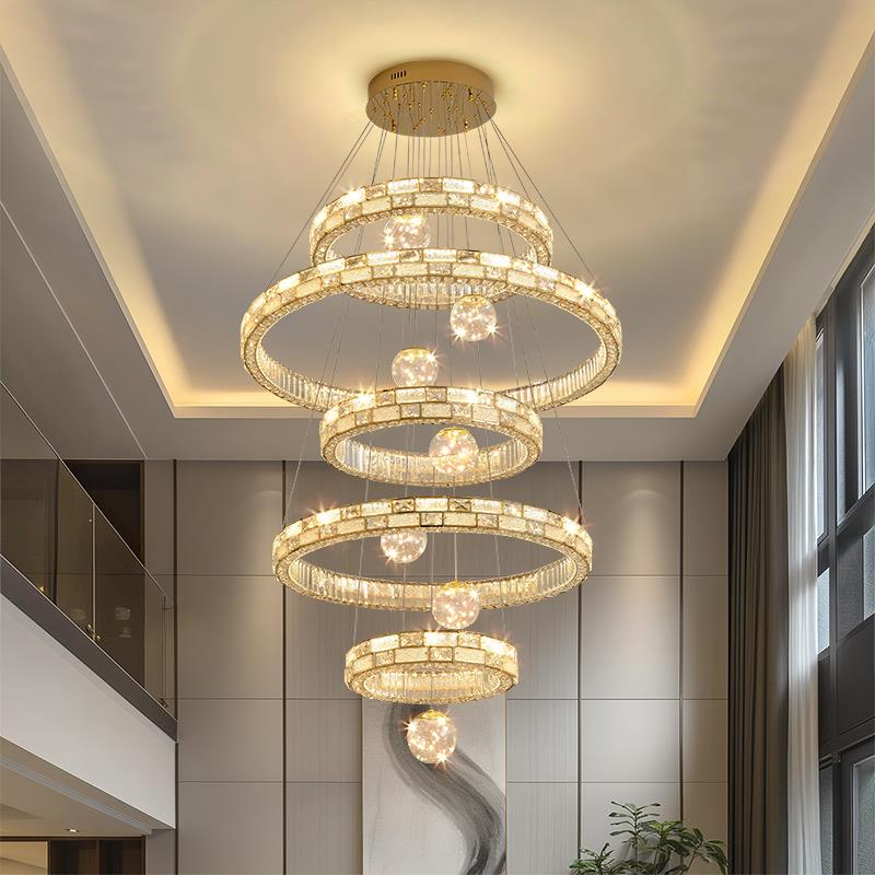 别墅客厅吊灯水晶灯大气轻奢高端挑高中空旋转楼梯灯复式楼大吊灯