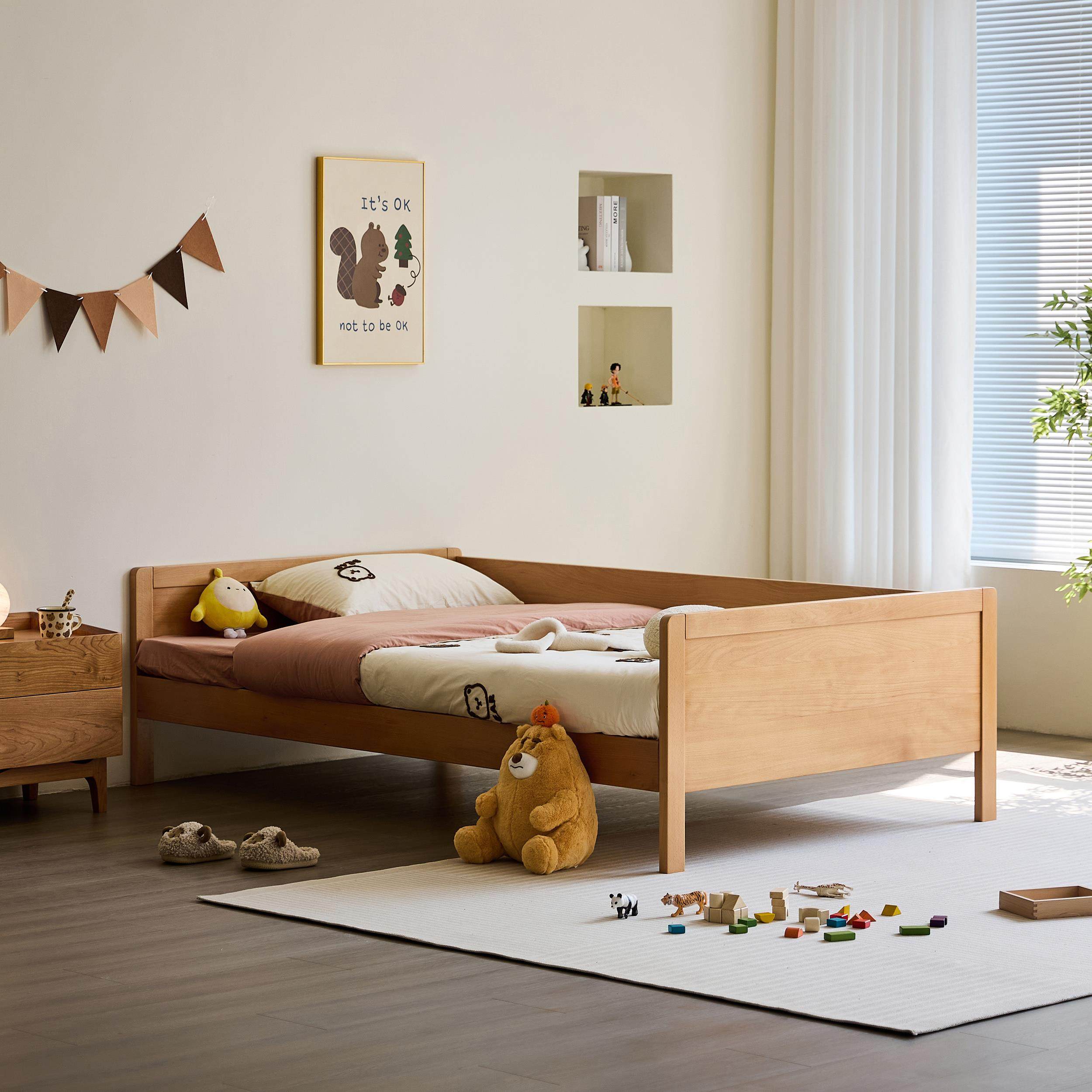 纸鸢 儿童床单人床1米2全实木榉木黑胡桃木拼接床带护栏 执寻木坊