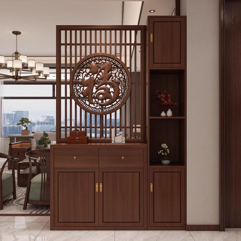 新中式实木屏风隔断墙客厅入户玄关柜镂空格栅装饰遮挡置物架座屏